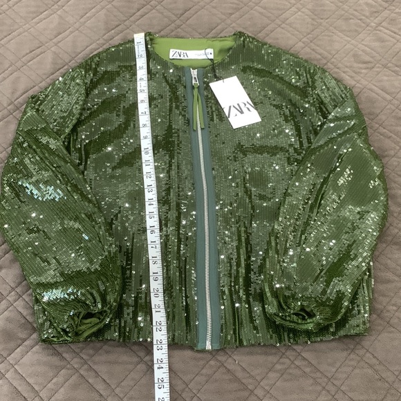 Zara NWT Emerald Green Sequin Bomber Jacket Size M - Picture 14 of 17